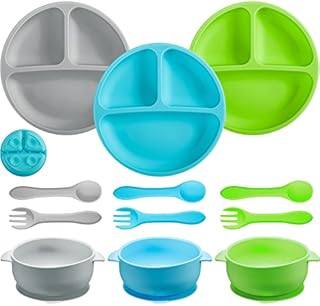 9 Pcs Silicone Baby Toddler Suction Plates Baby Bowls with Suction Silicone Toddler Bowls Set Kids Utensils Divided Plate Baby Feeding Set with Spoon Fork Dishwasher and Microwave Safe (Bright Colors)