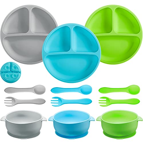 9 Pcs Silicone Baby Toddler Suction Plates Baby Bowls with Suction Silicone Toddler Bowls Set Kids Utensils Divided Plate Baby Feeding Set with Spoon Fork Dishwasher and Microwave Safe (Bright Colors)