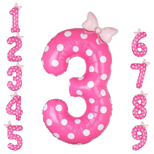40 Inch Pink Number 3 Foil Balloon Big Mylar Bow Balloons Giant Birthday Decoration for Girls' Princess Parties