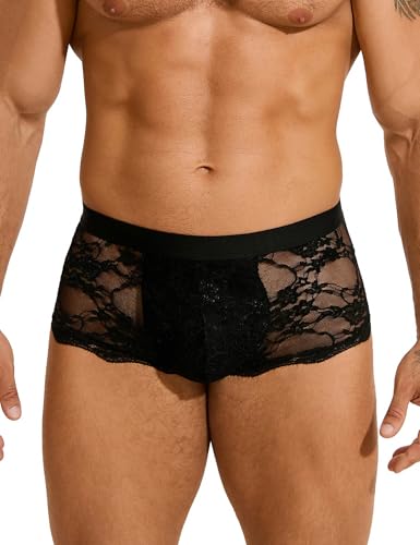 ohyeahlady Boxer Dentelle Homme Calecon Boxer Moulant Transparent Slip Homme Chic Poche Tenue Hot Sissy Lingerie Hot Short sous VêTements Hipster Shoty Boxershorts XXL,Noir
