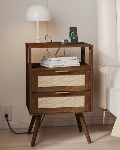 JOONEE Rattan Nightstand with Charging Station,Farmhouse Bedside Table with 2 Storage Drawer and...