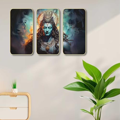 Image of SAF Lord Shiva 3 Panel Wall Art - Divine Mahadev Meditation Painting on MDF | Spiritual Hindu Wall Hanging for Living Room, Pooja Room, Bedroom & Office Decor (20 X 35 Inch) SG-43