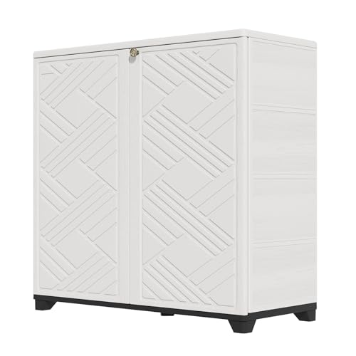 HOMSPARK Indoor/Outdoor Storage Cabinet with Doors, 34”x15”x34” HDPE Plastic Storage Box for Bedroom, Bathroom, Living Room, Balcony, Multi-Purpose for Daily Tools, White