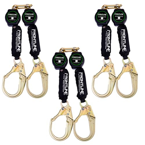 Frontline 6' Aramid Web Twin Leg SRL with Steel Rebar Hooks | 310 lbs Capacity | Lightweight & Durable | Aramid Fiber Webbing Retractable | ANSI & OSHA Compliant | ISO Lab Tested (3 Pack)
