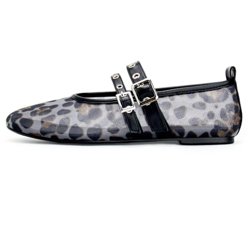 Image of Gothictor Women's Mesh Ballet Flats Round Toe Leopard Mary Jane Shoes Women | Cushioned Comfort, Easy to Style, Buckle Strap, Cheetah Print, Ballerina, Breathable, Wide Width, Non-Slip, Dressy Casual