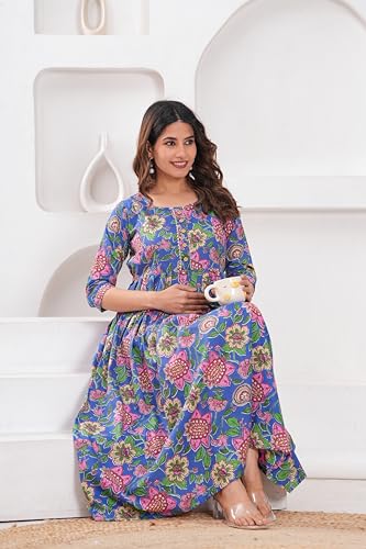 Image of The Moon Star Women's Cotton Floral Printed Anarkali Maternity Feeding Kurti | Breastfeeding Dress for Mothers | Zipper Feeding Kurti,Nursing Kurti, Comfortable and Trendy Maternity Wear