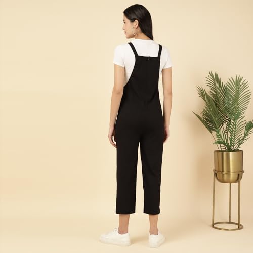 Image of DEEBACO Women's Solid Rayon Slub Lycra Calf Length Dungaree Jumpsuits For Women Stylish|Square Neck|Sleeveless|One Piece Western Dress For Woman|Ladies Dress|Party Casual Wear(Black)