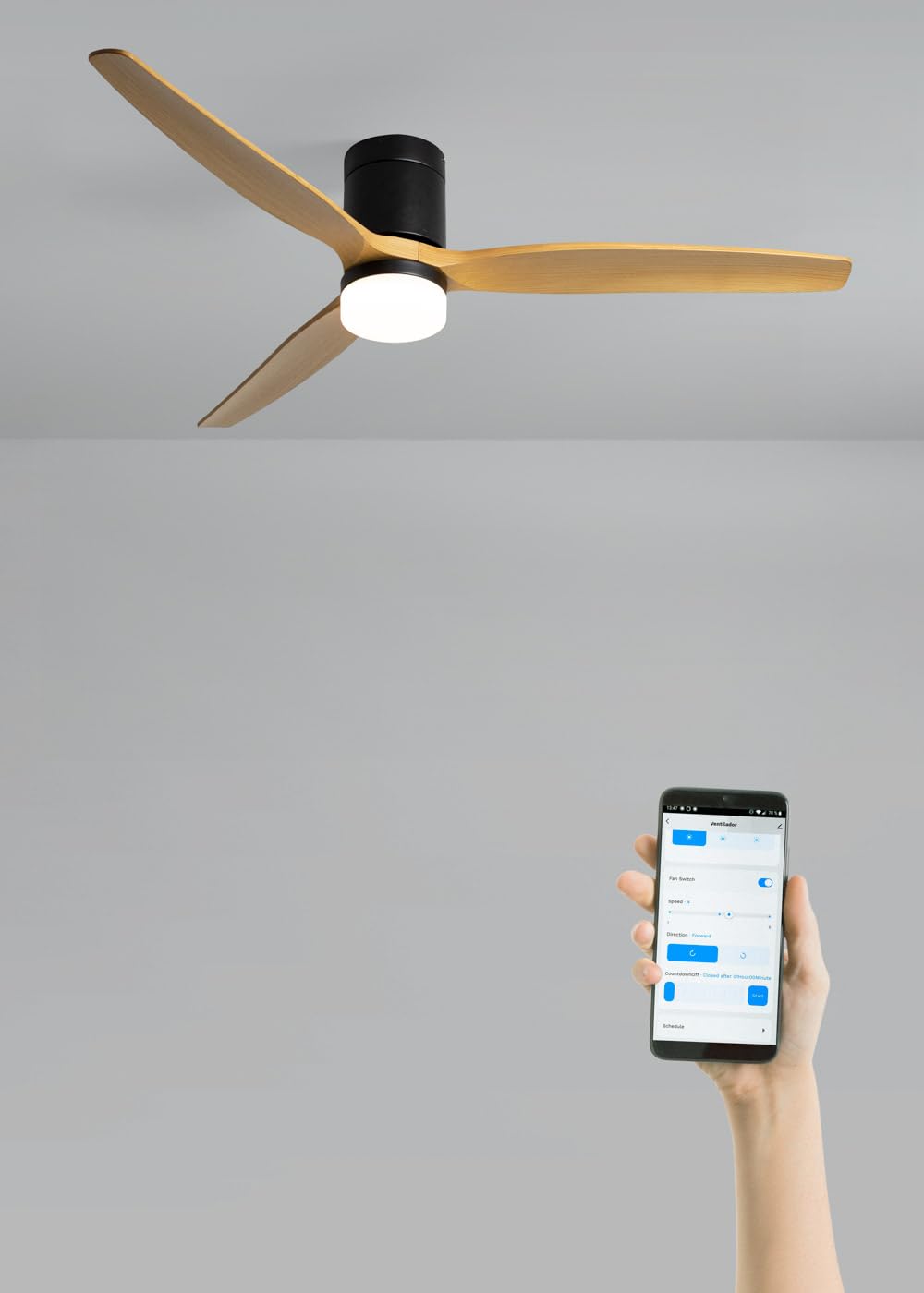CREATE / WINDCALM L/Ventilador de techo ABS con luz negro aspas efecto madera clara con Wifi y mando / 40W, Silencioso, Ø152 cm, 6 velocidades, 3 temperaturas de luz, función verano-invierno