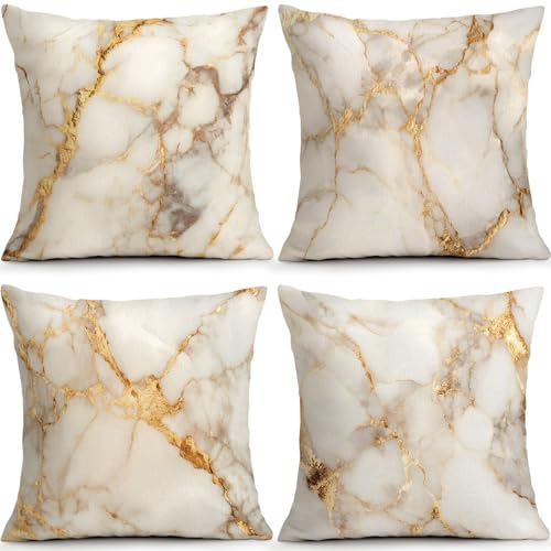 OBSEDE Gold Foil Marble Decorative Throw Pillow Covers 18 × 18 in, Set of 4, Couch Cushion Cases Inserts for Sofa Bed Living Room Home Decor, Single-Sided Print