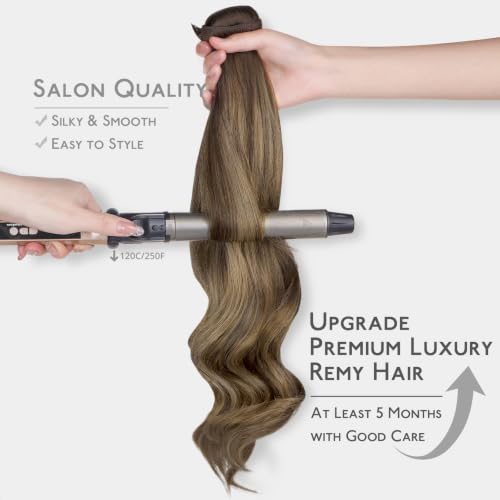 Image of WENNALIFE Invisible Edge Seamless Clip in Hair Extensions Real Human Hair | 22'' 111g 7pcs Balayage Chocolate Brown to Caramel Blonde. Thin PU Weft, Easy, Comfortable Clip in Remy Hair Extensions
