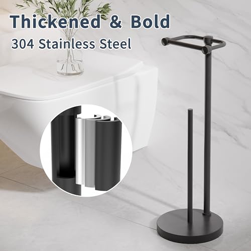 Image of RARXTR Toilet Paper Holder Stand, Post Pivoting Design Free Standing Toilet Paper Holder with Storage for 4 Rolls, SUS304 Stainless Steel Tissue Holder with Reserve, Heavy-Duty Base (Matte Black)