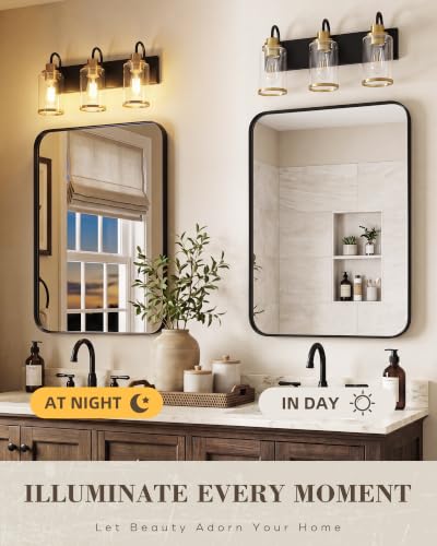 Image of Beionxii 3-Light Bathroom Light Fixtures, Blac and Gold Vanity Lights with Clear Glass Shades, Vanity Lights Over Mirror, Wall Sconces for Kitchen Living Room Hallway Cabinet Porch, BX-VL01BKG-3CG