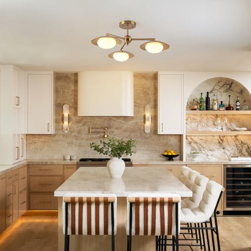 Image of 3-Light Flying Saucer Semi-Flush Mount Ceiling Light, Mid-Century Milk White Glass Globes Chandelier for Dining Room Living Room, 20.5 inch Wide, Brushed Brass Gold