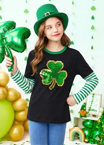 Image of Unisex Kid's St Patrick's Day Shamrock Top Striped Patchwork Irish Clover Long Sleeve Shirt 4-14 Years