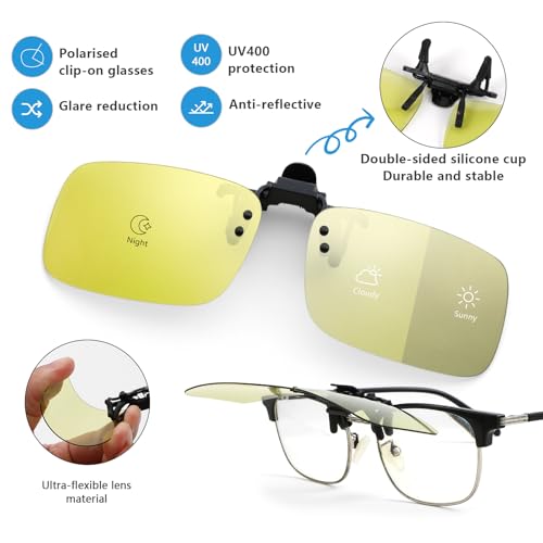 Image of Hifot Clip on Sunglasses 4 Pack,Polarized Lens Fit Over Prescription Glasses,Flip up Rimless Sunglasses