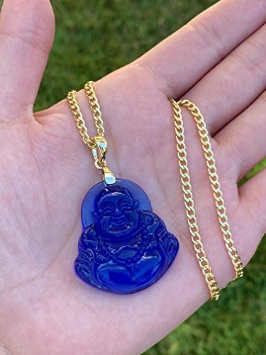 Happy Laughing Buddha Blue Jade Pendant Necklace With Cuban Chain - Genuine Certified Grade A Jadeite Hand Crafted - 14k Gold Filled Medallion2