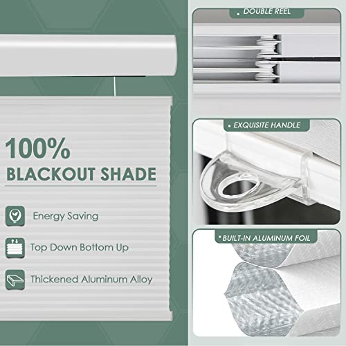 Cordless Top Down Bottom Up Cellular Shades,Blackout Honeycomb Blinds Fabric Window Shades White(100% Blackout),36"X72" #TOP2