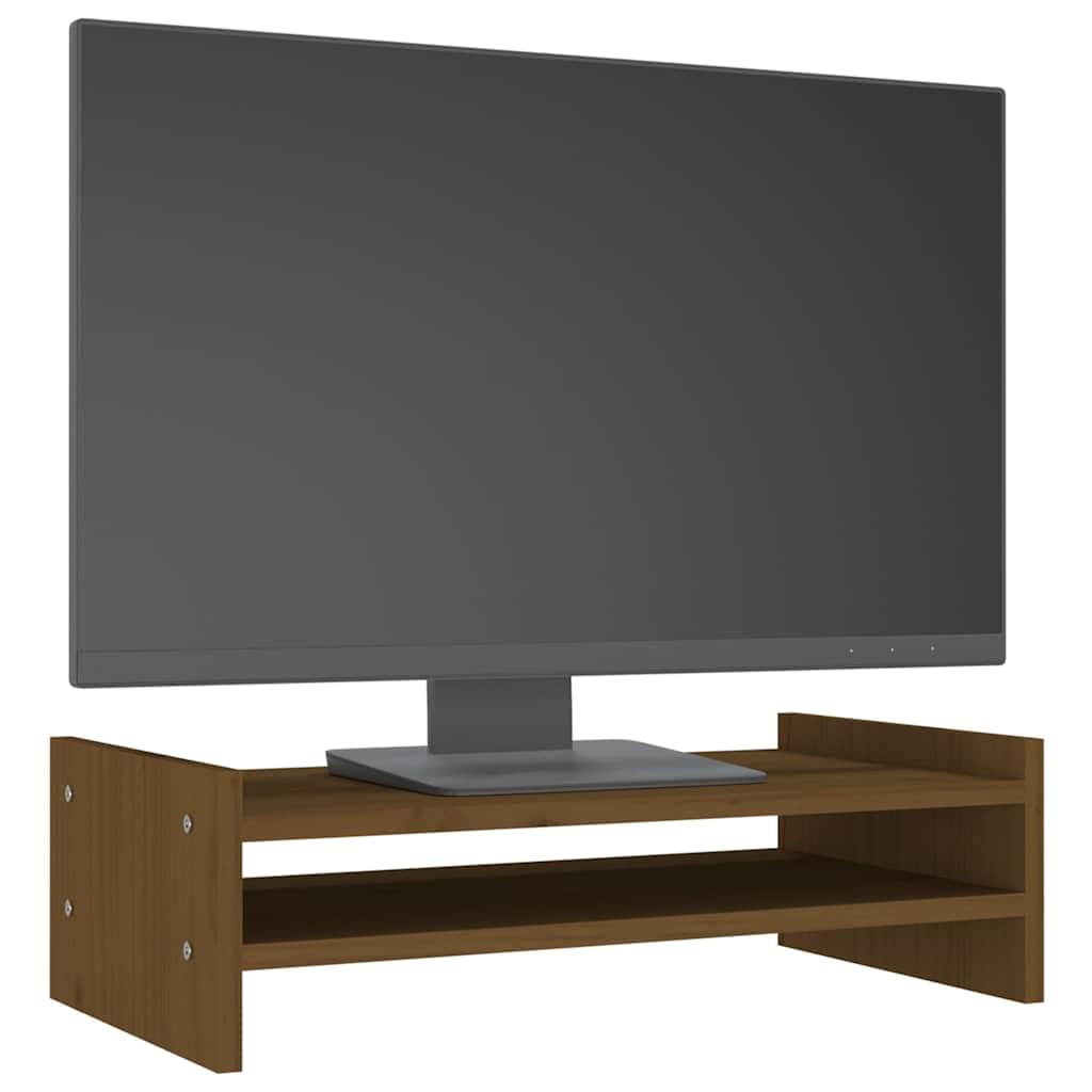 Stojak na monitor miodowo-brązowy z litego drewna sosnowego, 50 x 27 x 15 cm, z półką na klawiaturę i zarządzaniem kablami, do pracy, biura, biura domowego, jako organizer i uchwyt na