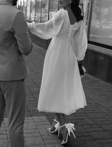 Tulle Lace Wedding Dresses for Bride 2025 Simple Long Sleeve Wedding Gown Tea Length Bridal Shower Dress2