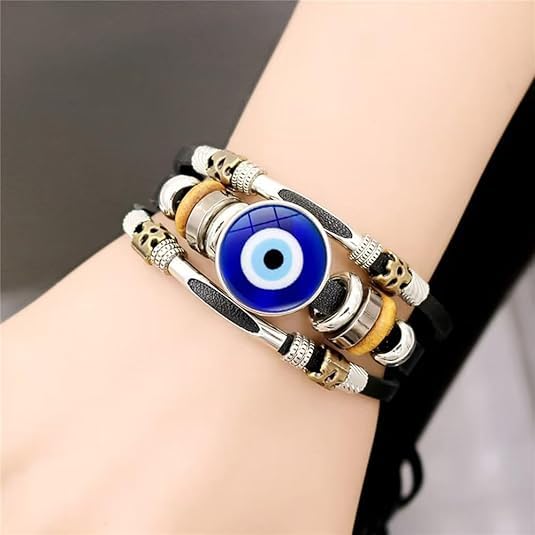 Evil Eye Leather Bracelet 2PCS, Three-Row Beads Charms Bracelet, Multi-Layer Wristband Wrap Protection Jewelry 7