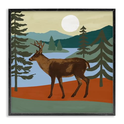 Lakeside Mountain Deer Forest Landscape, 12 x 12 Inch Framed Giclée Print