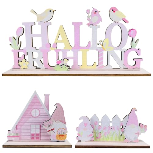 Frühlingsdeko 3 Stück Frühlingsdekoration Deko Frühling Dekorativer Aufsteller für Frühjahr Set Frühling Deko Aufsteller Vögeln Zwergen Tulpen Mustern Frühlingsdeko aus Holz für Osterdeko Tischdeko
