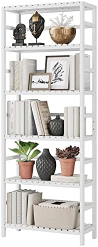 Bamjoy Bookshelf, 6 Tier Bamboo Shelf Adjustable Storage Shelves, Freestanding Tall Shelving Unit Plant Stand, Storage Rack for Bathroom Home Office Kitchen Living Room, 23.6W x 10.2D x 63.4H White