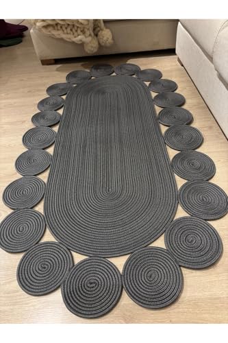 Oval Jute Rug Daisy Flower Design 80x150cm Anthracite Color Bohemian