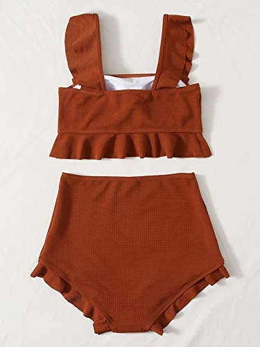 Sweatyrocks Women's 2 Piece Swimwear Ruffle Hem High Waist Bikini Swinsuit Bathing Suit Brown L #TOP1
