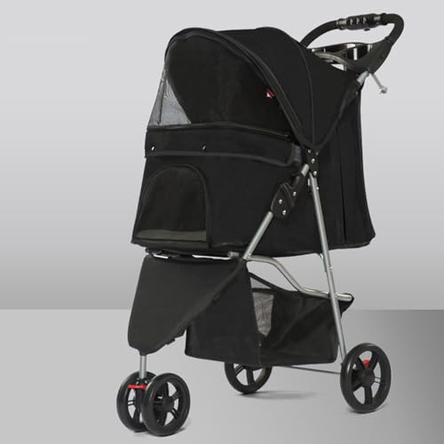 3輪ペット用ベビーカー、小型・中型犬・猫用折りたたみ式ペット用ベビーカー、カップホルダー付き犬用キャリアトロリー、収納バスケット、取り外し可能なライナー、安全テザー,黒