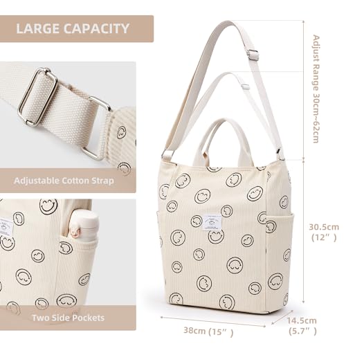 Image of KALIDI Corduroy Tote Bag, Large Slouchy Hobo Messenger Crossbody Bag | Anti Splash Zipper Side Pockets Shoulder Bag Adjustable Strap Lightweight Casual Work Shopping Women