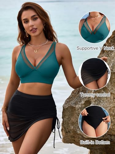 Image of Blooming Jelly Womens Swim Skirt High Waisted Bikini Sets Tummy Control Swimsuits Mesh Sarong Wraps Bathing Suits