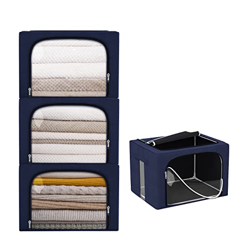 100L Large Capacity Clothes Storage Bag Organizer 3 Pack With Fiberglass Frame Oxford Fabric For Comforters, Blankets, Quilt, Bedding, Stackable Closet Storage Bags Foldable Storage Containers With Reinforced Handle Sturdy Zipper, Clear Window #TOP25