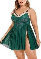 XCUTE Plus Size Lingerie Lace Babydoll Womens Strap Chemise Nightgown V Neck Nighty Mesh Sleepwear Side Slit Nightdress with G-Sting Panty-Green