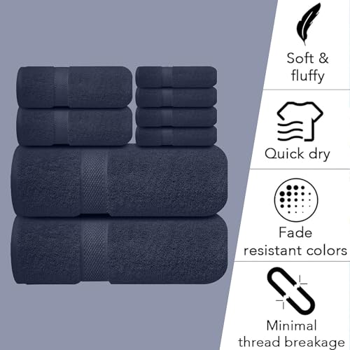Image of Sulfar 100% Combed Cotton, 8 Pcs Towel Set - 2 Bath Towels (70 x 140 cm), 2 Hand Towels (40 x 70 cm) and 4 Washcloths (30 x 30 cm) (600 GSM, Pack of 8) Navy