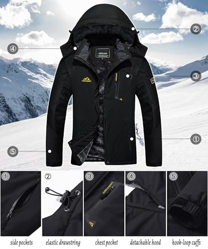 TACVASEN Damen Winterjacke Wasserdicht Skijacke Fleece Gefüttert Warm Funktionsjacke mit Abnehmbarer Kapuze, Schwarz, L