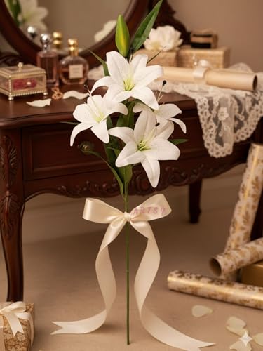 Image of ARTSY Artificial Flowers for Decoration Lily Flower Bunch for vase /Pot, Long Size Stick stem, Home Decor, Office Decor, Gift, Artificial Plant, Craft, Without Vase, 100 cm Height, 1 piece, White