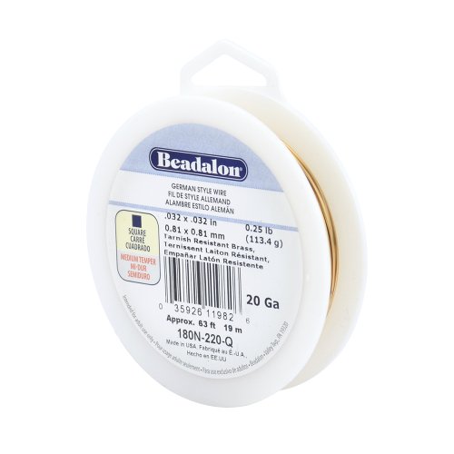 Beadalon Tarnish Resistant Brass German Style Wire, 20-Gauge, Square