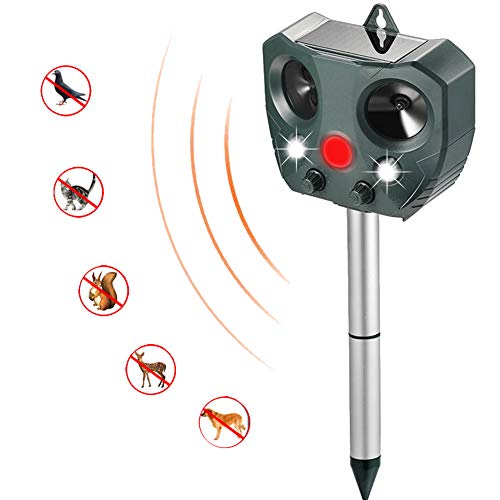 Preisvergleich Produktbild Oufama Ultraschall-Tiervertreiber, Sonnenenergie und wasserdichtes Katzenschutzmittel, Hundefuchs-Dachs-Eichhörnchen-Ratten... mit 2 Lautsprechern, 2 LEDs, Erdspieß für Gartenhof-Feldfarm