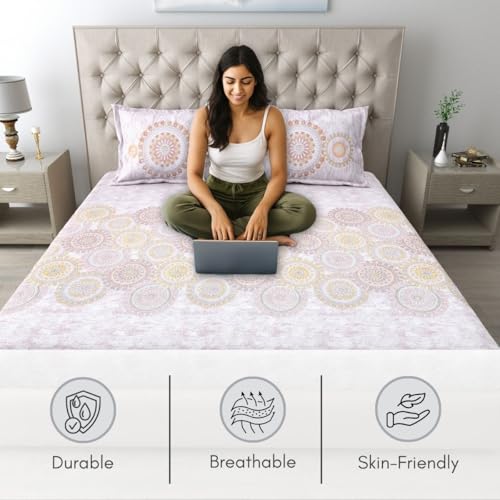 Image of Mafatlal 186 TC Spring Glory Cotton Bedsheet King Size | 274 x 274 cm | Modern kidakka virippu for Summer Nights | Pure Cotton Bedding for Comfortable Sleep | Includes 2 Pillow Covers | Lavender Mist