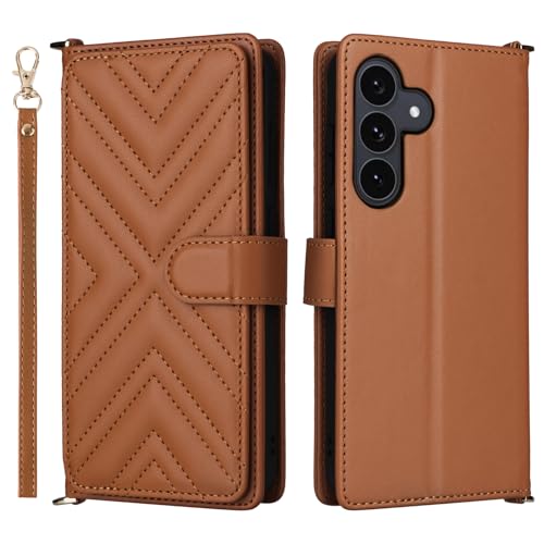 Cover Compatibile con Samsung Galaxy S25 FE con S25 FE Cinghia da polso rimovibile Custodia a portafoglio reversibile a doppia fessuraBrown
