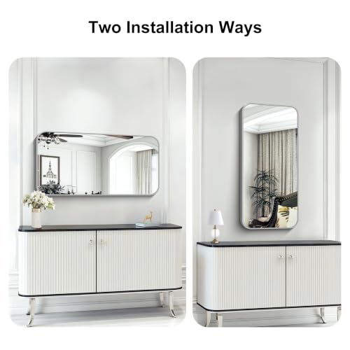 Image of KOCUUY Silver Bathroom Mirror, 20x40 Inch Bathroom Mirror for Over Sink, HD Tempered Glass, Anti-Rust Brushed Silver Frame, Rounded Corner Modern Design for Bathroom, Hang Horizontal /Vertical