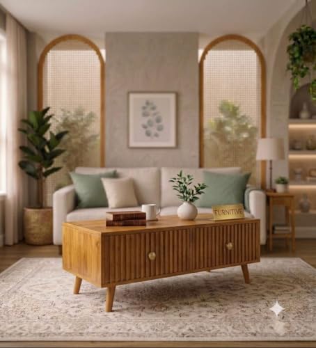Image of Solid Sheesham Wood Coffee Table & Center Table for Living Room with Rattan Cane Lift-Down Shutter & Open Shelf, Solid Wooden Teapoy for Sofa with Storage | Tea Table (B-Honey)