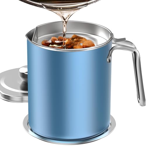 Chihee Contenedor de grasa de tocino de acero inoxidable con colador de malla fina de 2 litros, recipiente de grasa con tapa a prueba de polvo, bandeja antideslizante para cocina, almacenamiento de