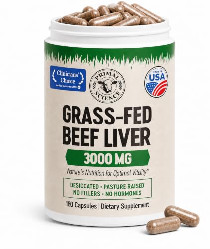 Primal Science Grass Fed Beef Liver Capsules 3000mg Desiccated Liver Supplement 100% Pasture Raised & Freeze Dried Natural Iron Vitamin A & B12 for Energy Non-GMO No Fillers 180 Count