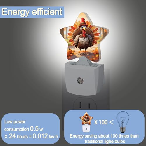 Image of Fall Autumn Turkey Dusk to Dawn Star Night Light,Thanksgiving Day Smart Sensor Nightlight for Bedroom Kitchen Hallway Stairs,Plug-in Energy Efficient Decor Desk Lamp Women Men Gifts