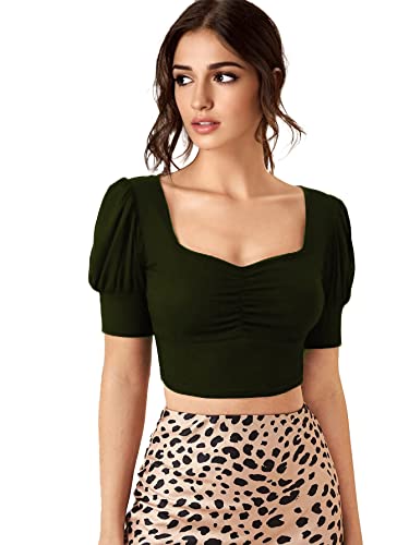 Image of Istyle Can Sweetheart Neck Ruched Front Puff Sleeve /Half Sleeve Streachable Solid /Plain Slim Fit Crop top for Women | Women's Slim FIT Crop TOP | Tops for Women