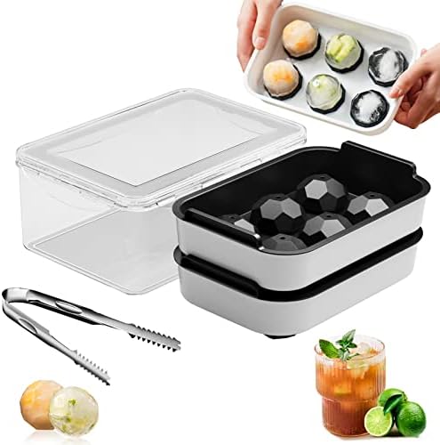 Marbrasse Large Ice Cube Tray, 2.2''Whiskey Ice Mold, 2 Pack Round Ice Cube Mold with Bin&Tong, Reusable Sphere Ice Cube Mold, Easy Fill & Release Ice Ball Maker for Whiskey Cocktails Bourbon (Black)