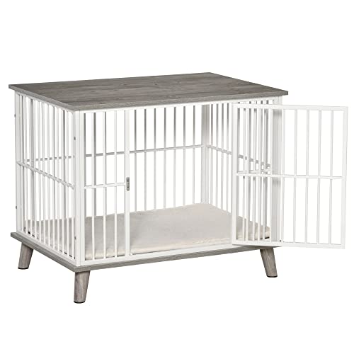 Pawhut Dog Crate Furniture, Wooden End Table With Cushion & Lockable Door, Medium Size Pet Crate Indoor Puppy Cage, Grey #TOP7