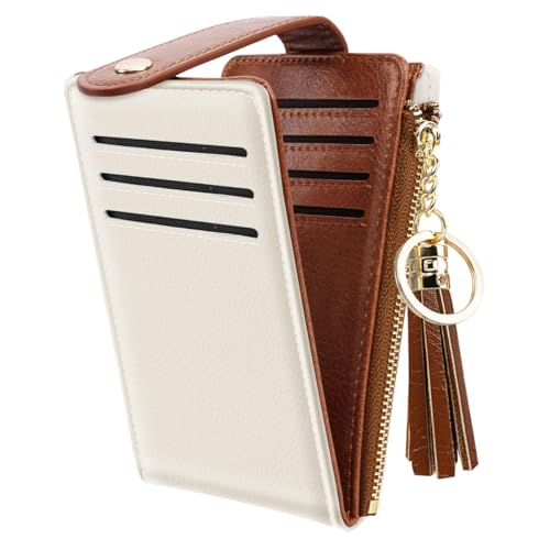 Bifold Wallet RFID Credit Card Wallet Card Holder for Women or Men with Keychain Zipper Pocket with Tassel Zipper Coin Pockett,Cream4